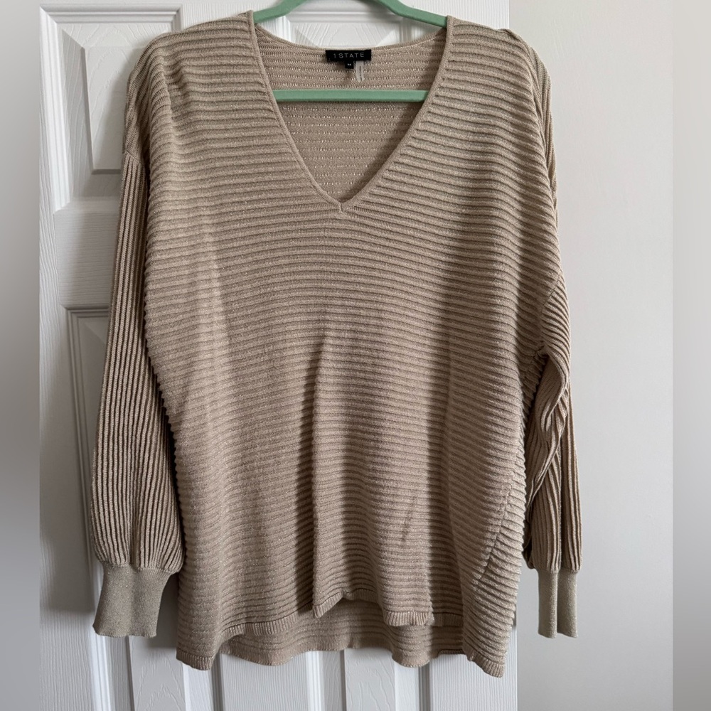 V-Neck Ribbed Sweater - Tan Sparkle